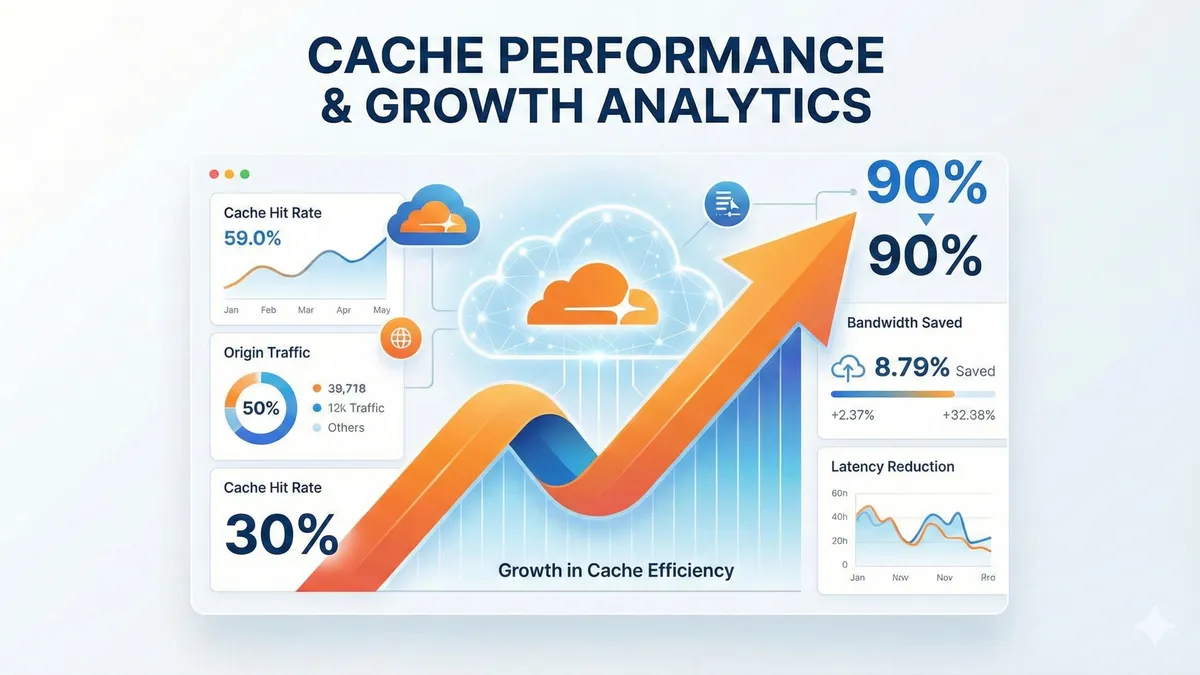 Cloudflare Cache Rules configuration diagram showing cache hit rate improvement from 30% to 90%