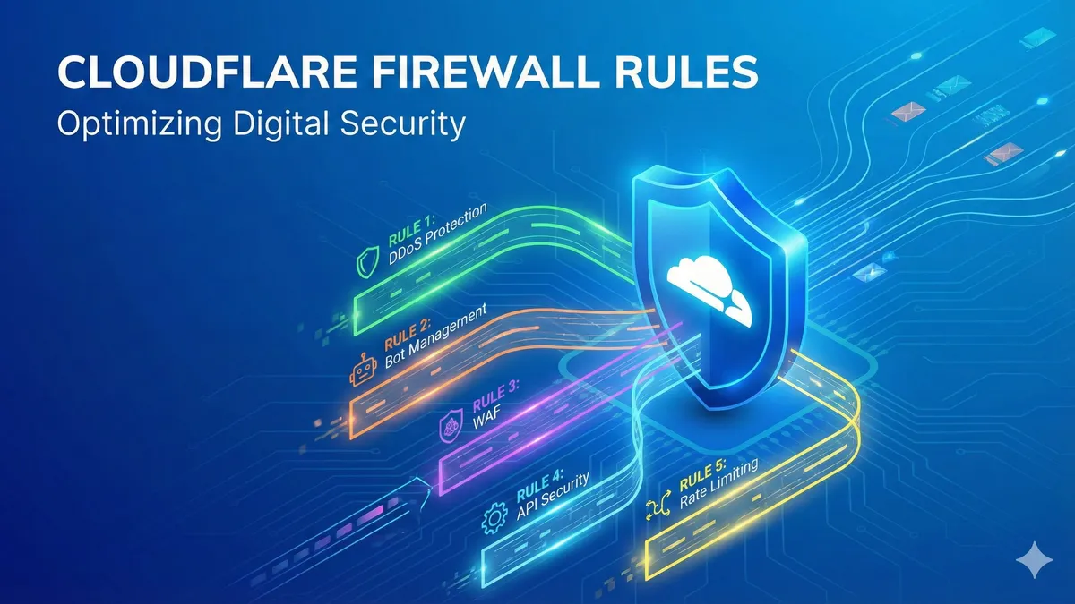 Cloudflareファイアウォールルール設定の概念図、青いシールドアイコンとネットワークトラフィックの可視化