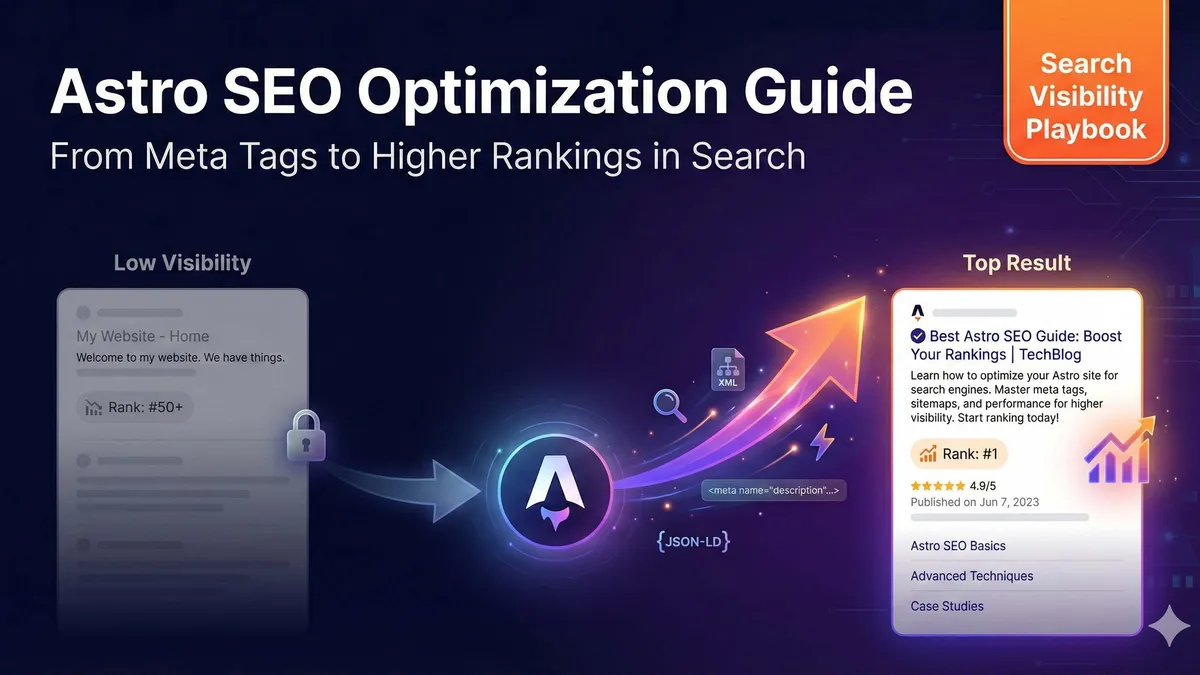 Diagram showing Astro website SEO configuration including meta tags, sitemap, and structured data elements