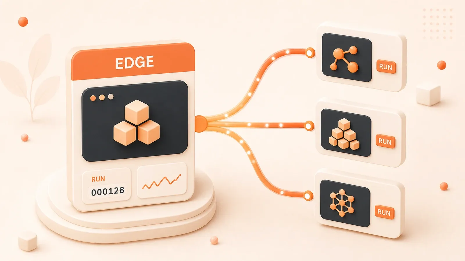 Easton editorial illustration: one compact edge-worker hub with three nearby inference nodes