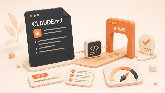 Easton editorial illustration: one large CLAUDE.md rule card guiding a code module