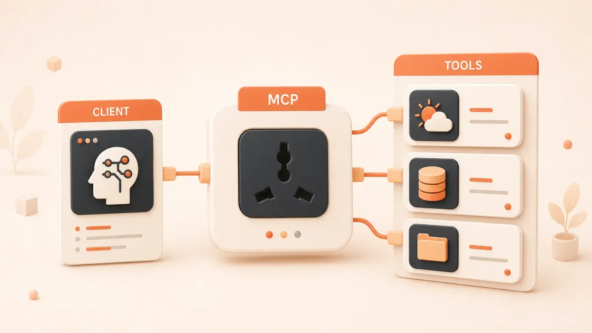 Easton editorial illustration: one central MCP socket bridging an AI client and three tools