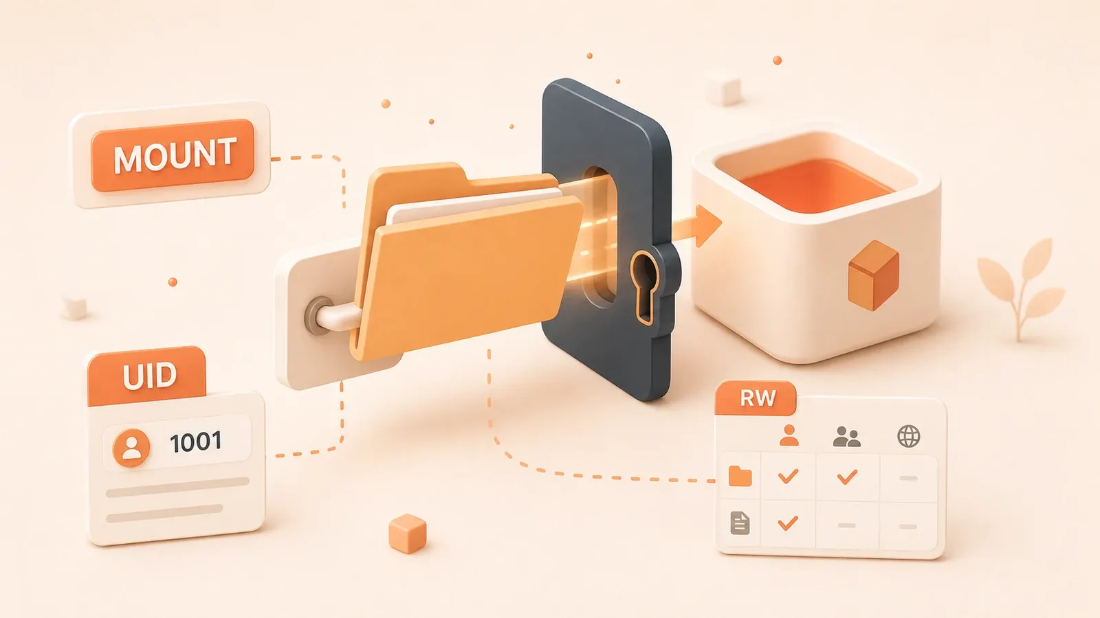 Easton editorial illustration: one mounted folder passing through an ownership lock into a container