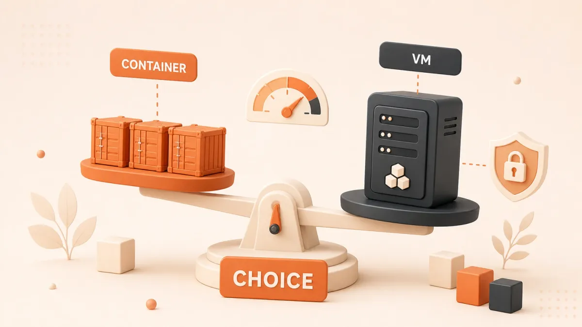 Easton editorial illustration: three compact container boxes and one full virtual-machine tower on a scale