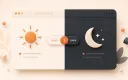 Easton editorial illustration: one split light-and-dark browser card with a central theme toggle