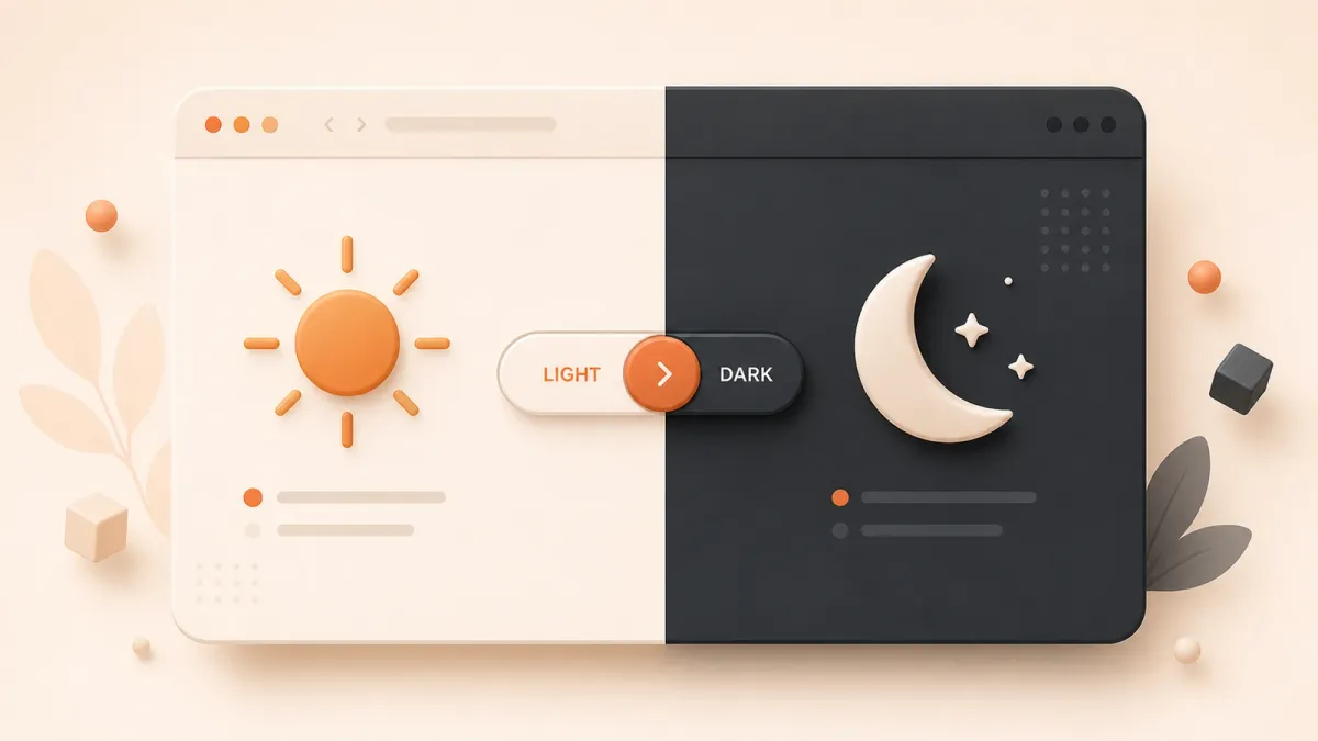 Easton editorial illustration: one split light-and-dark browser card with a central theme toggle