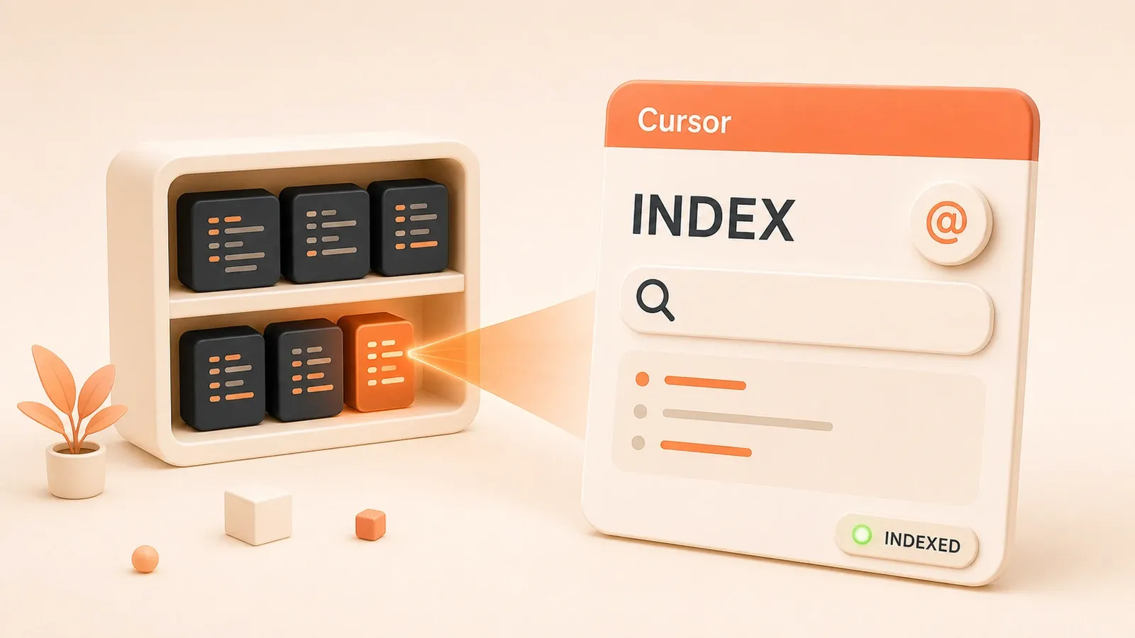 Easton editorial illustration: one repository shelf being scanned into a searchable index card