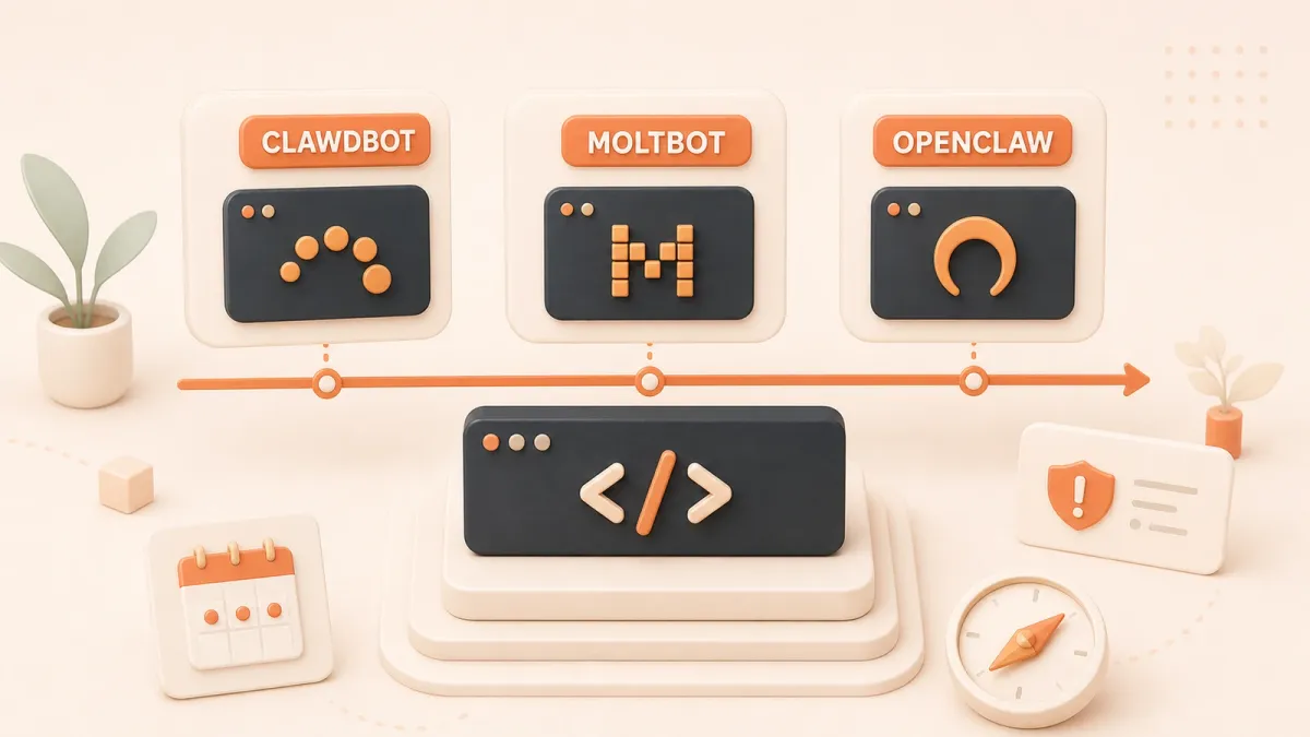 Easton editorial illustration: one project core passing beneath three successive nameplates