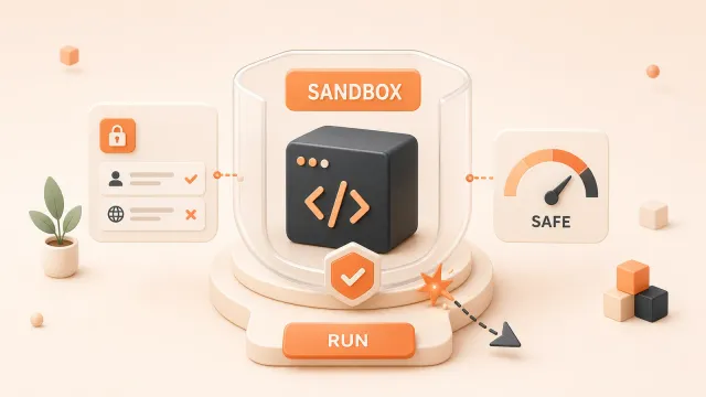 Easton editorial illustration: one shielded sandbox containing an agent code cube