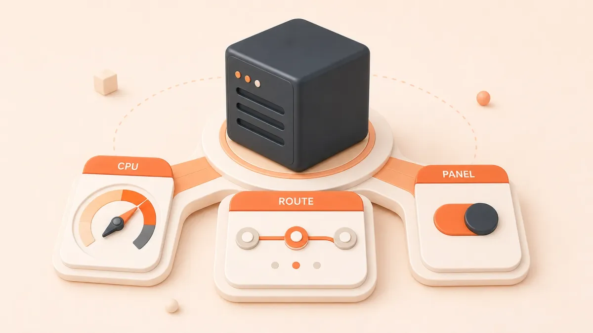 Easton editorial illustration: one large server cube on a three-axis selection console