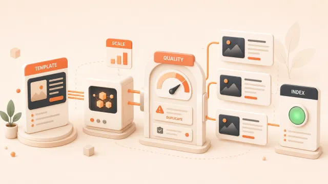 Easton editorial illustration: one template engine producing page cards through a policy gate
