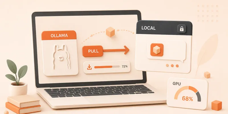 Easton editorial illustration: one laptop workspace loading a model cube into local chat
