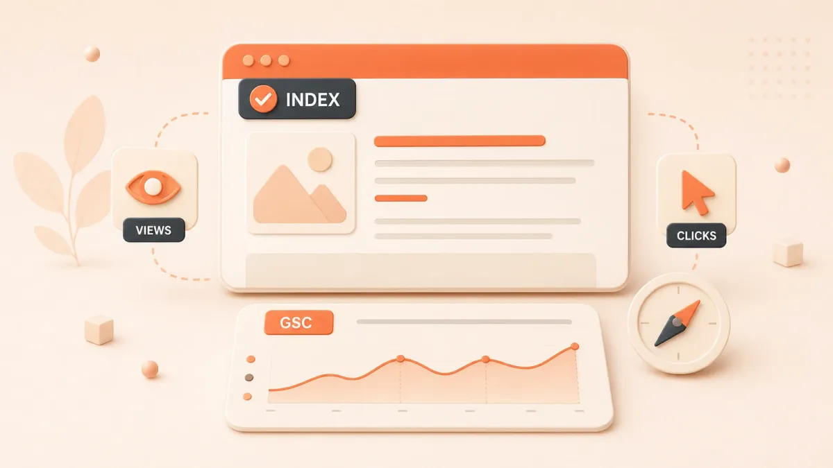 Easton editorial illustration: one large indexed-page card paired with a search performance chart