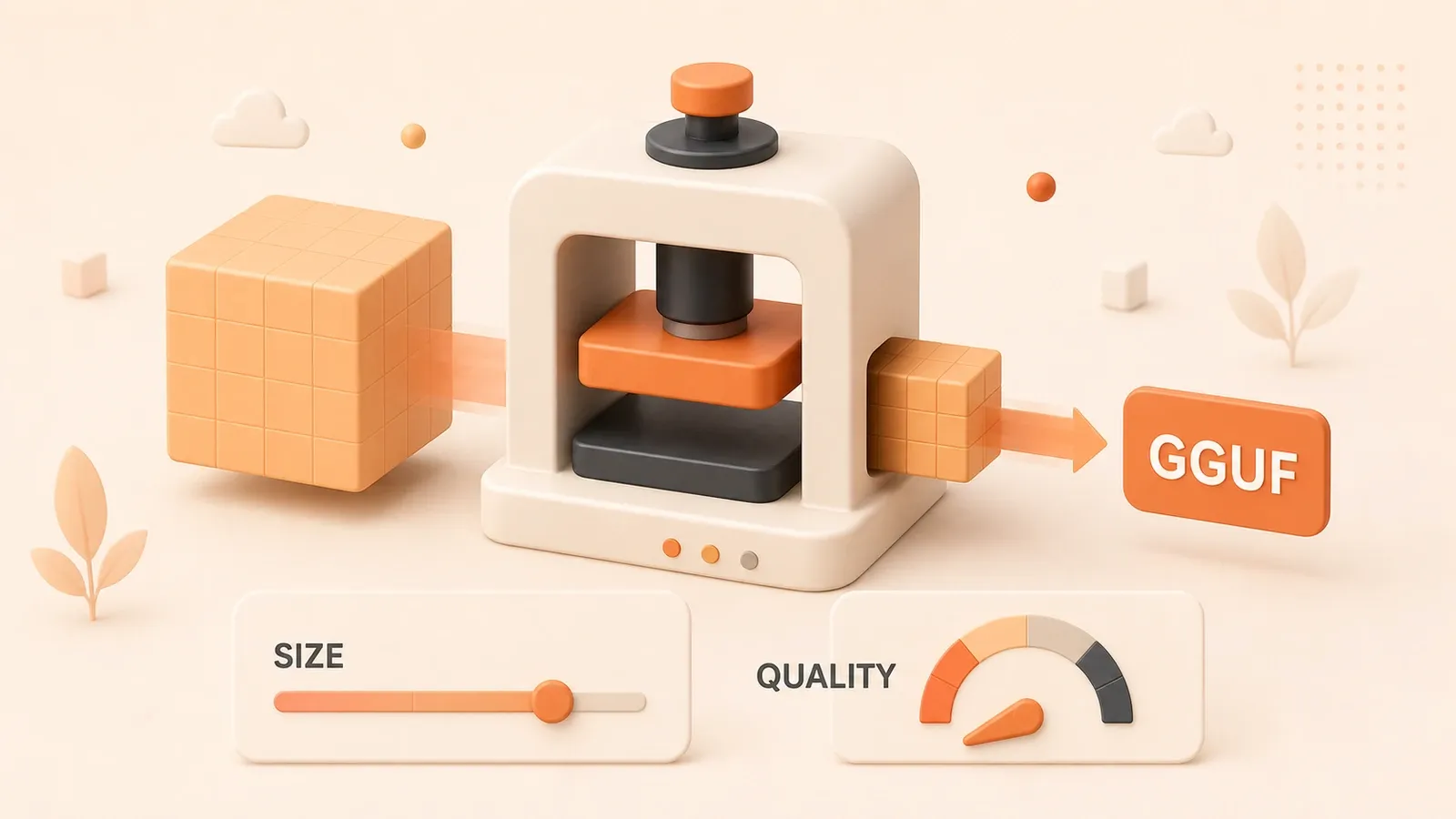 Easton editorial illustration: one large model cube compressed into one smaller GGUF cube