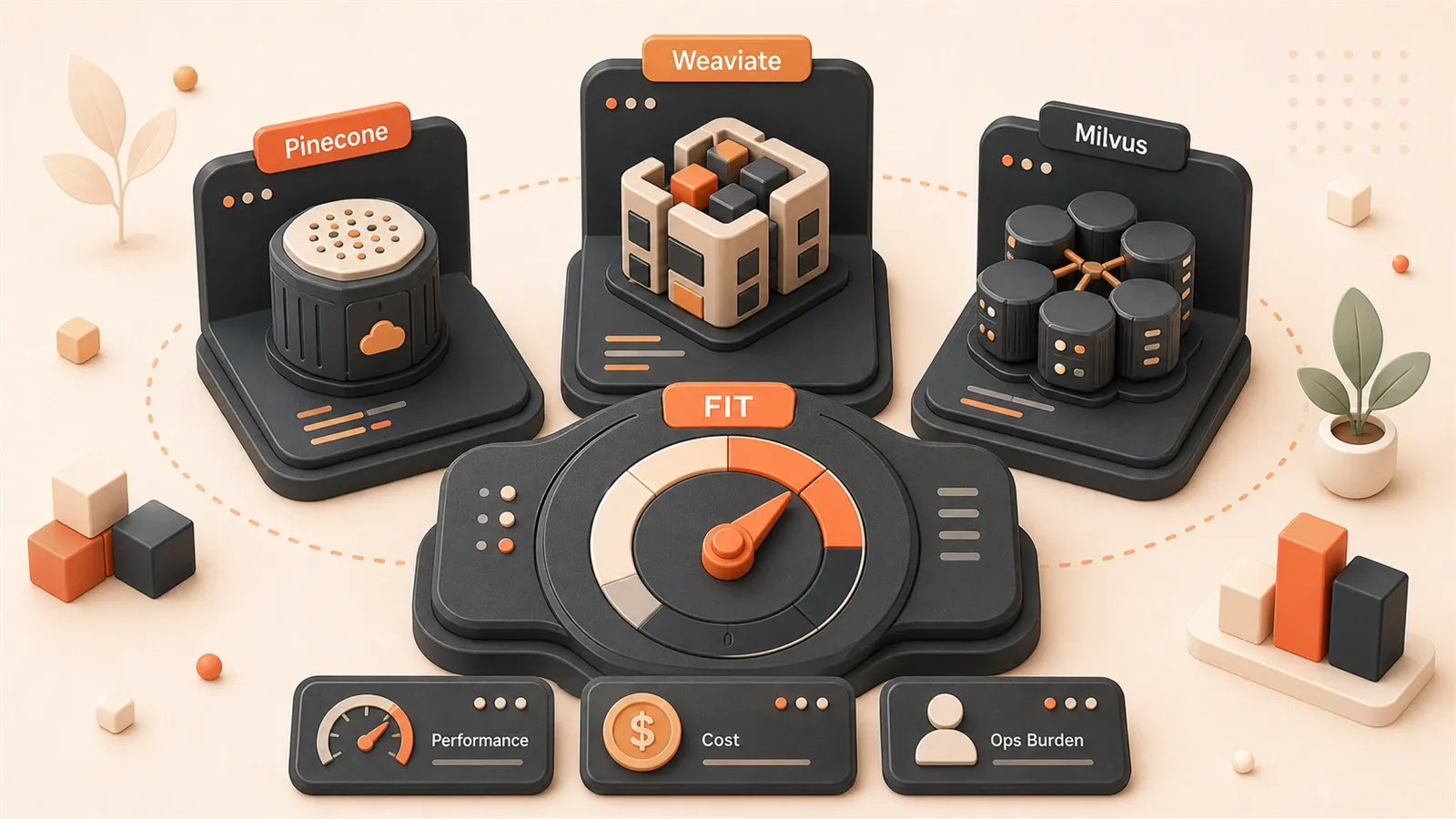Easton editorial illustration: vector-store selection console, managed vault, hybrid modular vault, self-hosted cluster vault