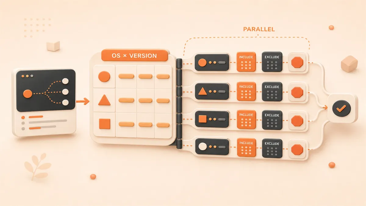 Easton editorial illustration: single workflow definition card, OS-by-version matrix hinge, parallel test lanes, completion collector