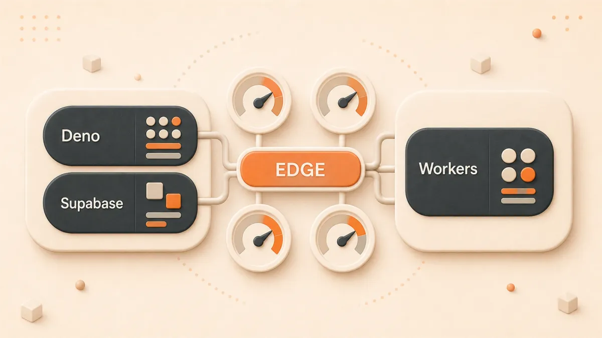 Easton editorial illustration: Deno edge-function capsule facing a Cloudflare Worker capsule across runtime, cold-start, and deployment gauges