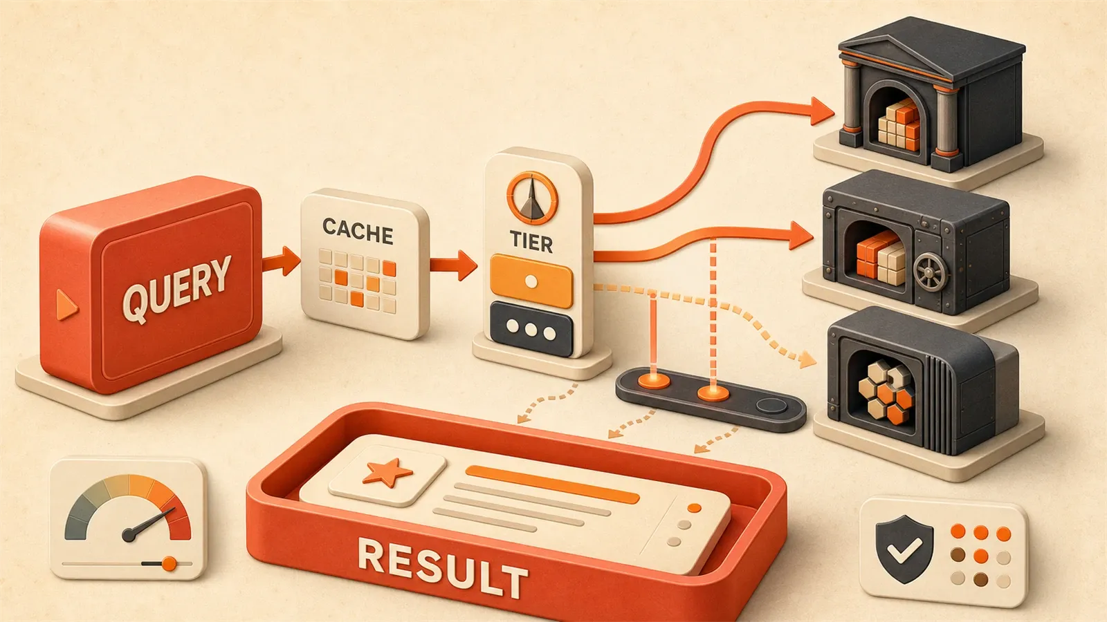 Easton editorial illustration: retrieval operations desk, query prism, three retrieval vaults, semantic cache, tiered result tray