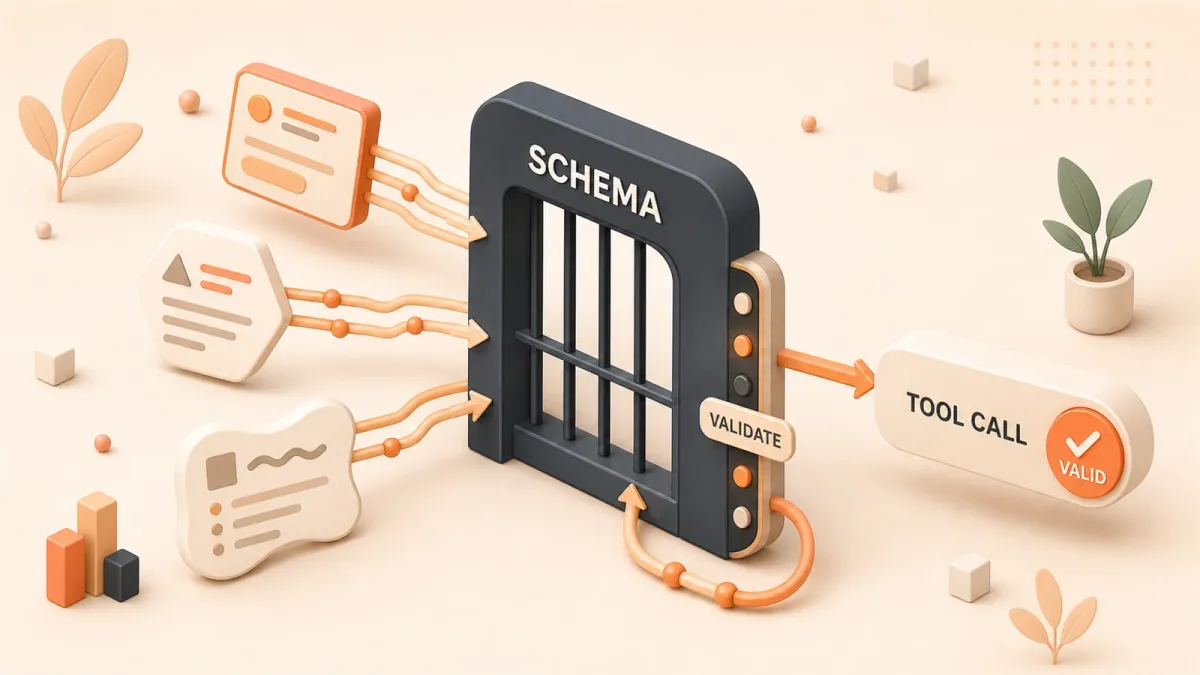 Easton editorial illustration: central JSON Schema gate, three incoming provider-output cards, one validated tool-call object