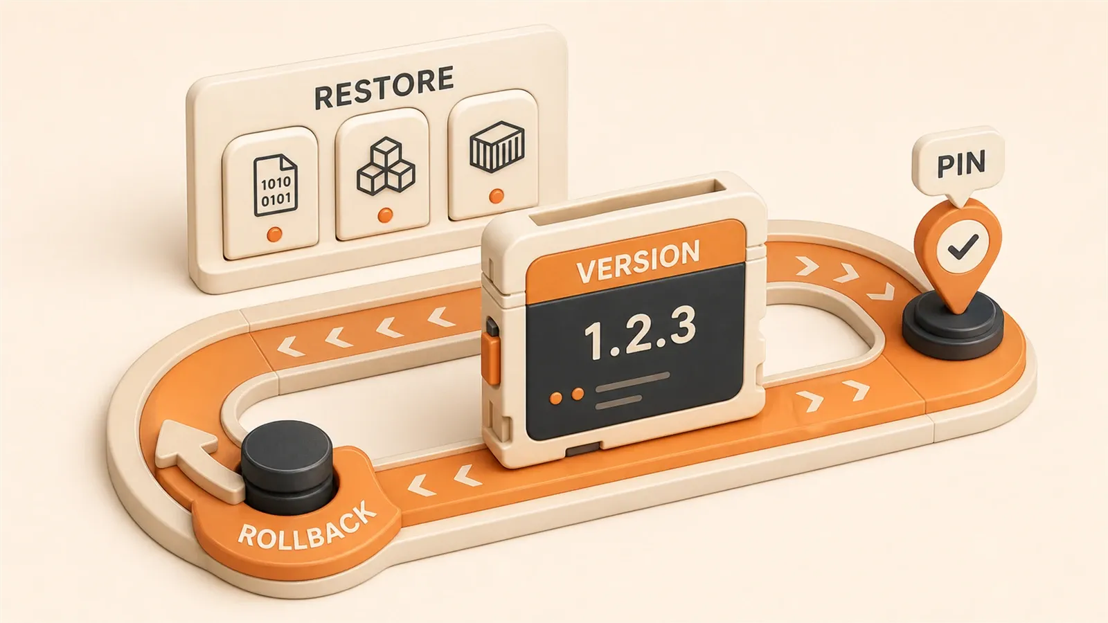 Easton editorial illustration: large Ollama version cartridge on a reversible track with binary, package, and Docker restore notches