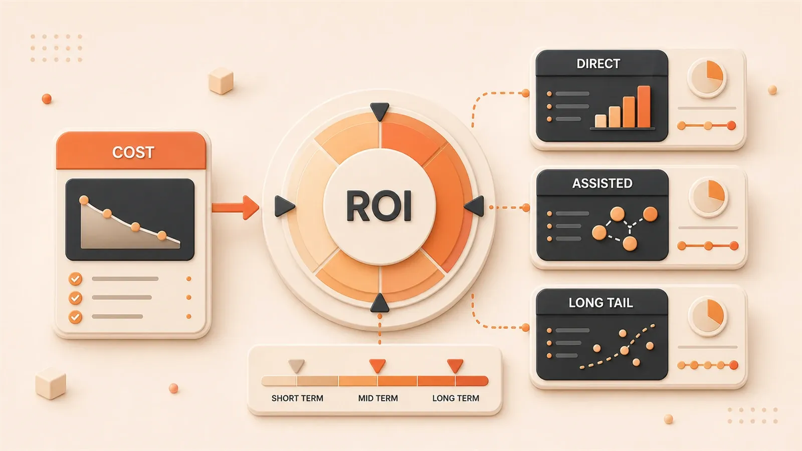 Easton editorial illustration: central ROI equation wheel connected to direct, assisted, and long-tail return ledgers