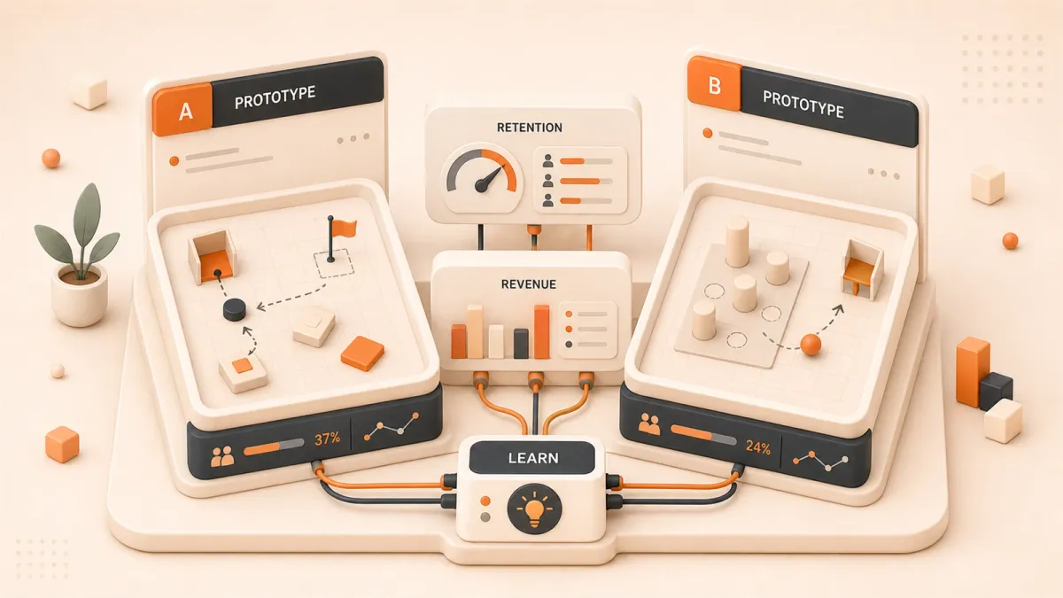Easton editorial illustration: two lightweight game prototypes on an experiment bench measuring retention and revenue signals