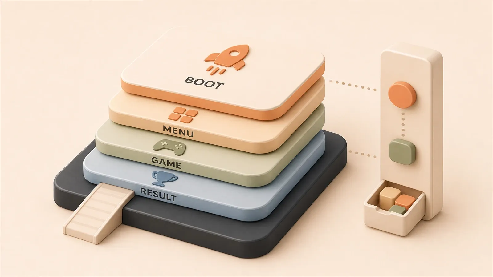 Easton editorial illustration: one Main-scene base carrying four stacked interface layers