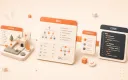 Easton editorial illustration: abstract Cocos scene hierarchy diorama, machine-readable documentation card, coding assistant context panel