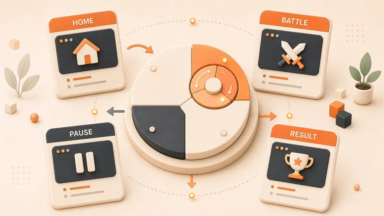 Easton editorial illustration: central gameplay state rotor linking home, battle, pause, and result states with a nested combat ring