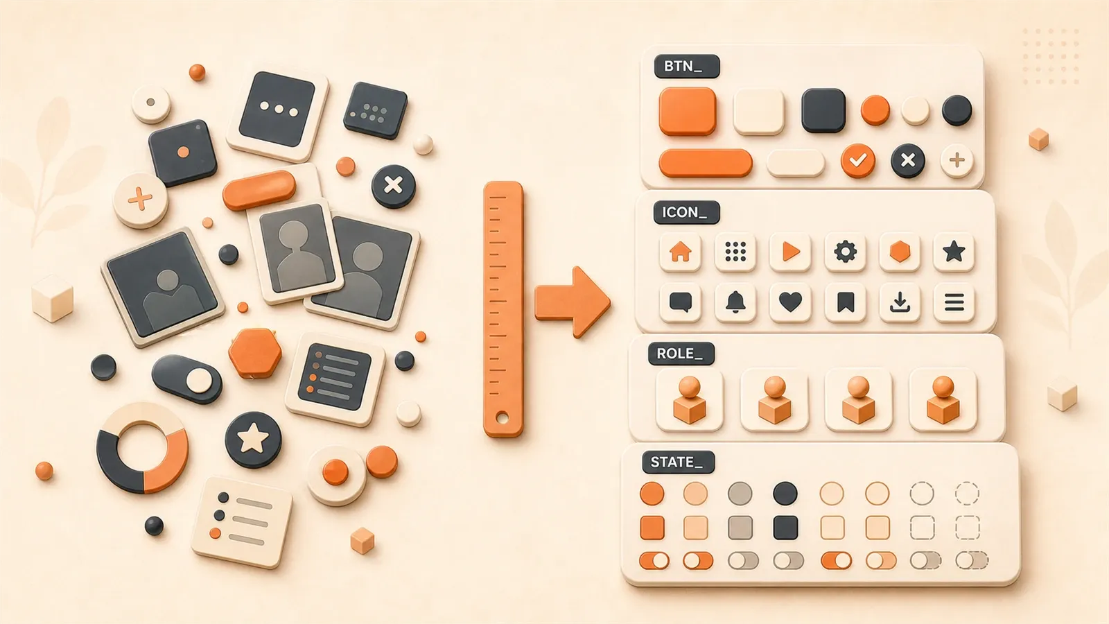 Easton editorial illustration: messy mixed UI asset pile, clean button asset family, clean icon asset family, ordered character-frame strip