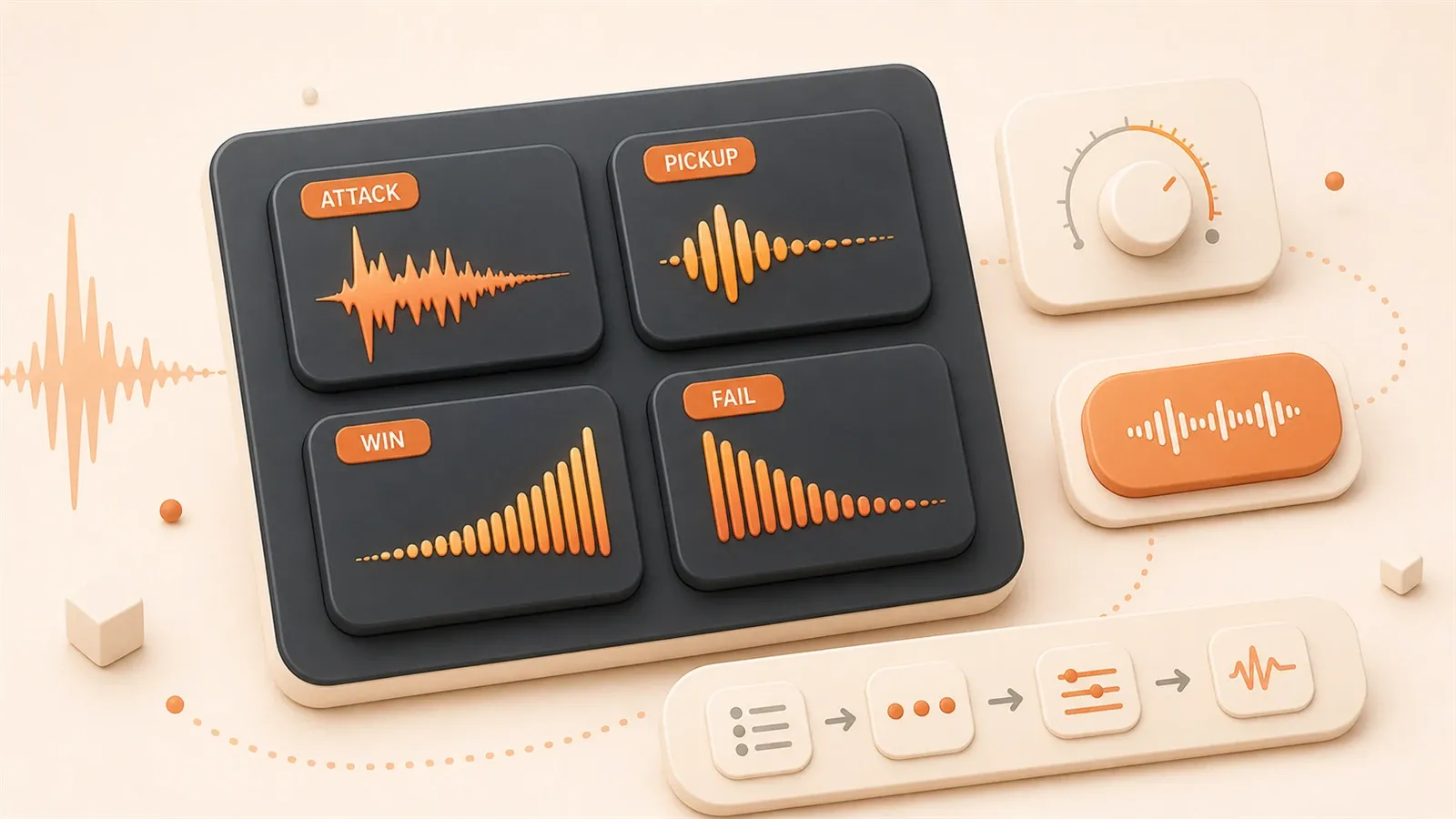Easton editorial illustration: central sound-design deck, four distinct waveform chips