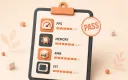 Easton editorial illustration: large launch checklist clipboard, approval PASS stamp