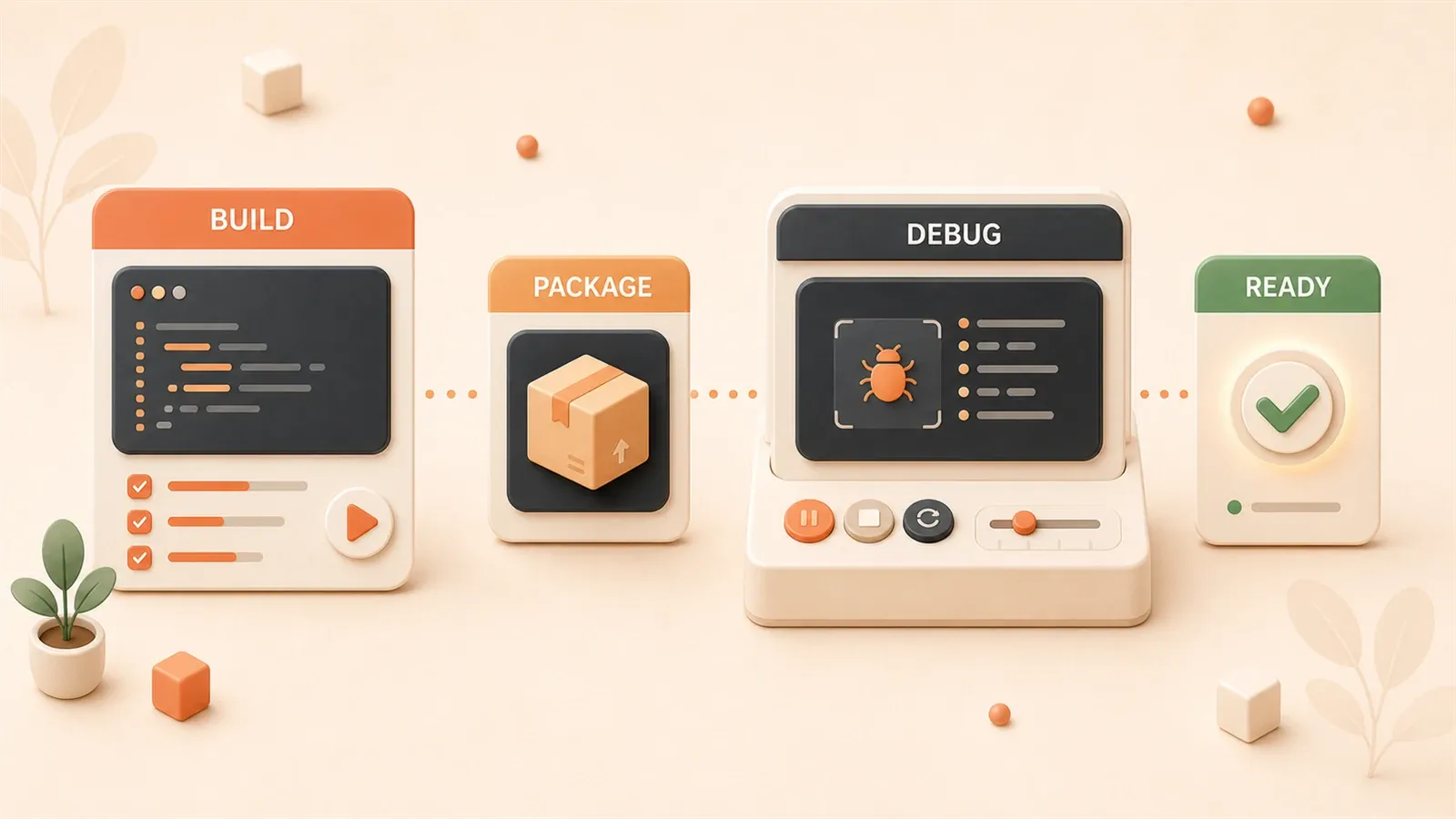 Easton editorial illustration: Cocos build control panel feeding a compact mini-game package into a device-debug dock