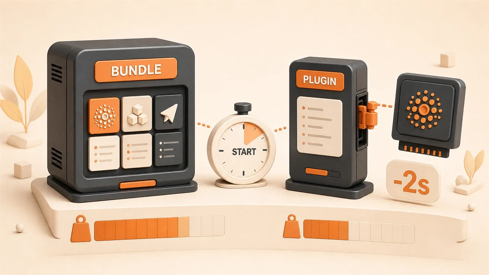 Easton editorial illustration: heavy monolithic game package, split engine-plugin cartridge, compact game package, startup clock