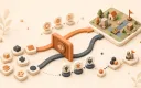 Easton editorial illustration: mixed game task tokens, AI-or-human decision gate, single coherent playable-scene board