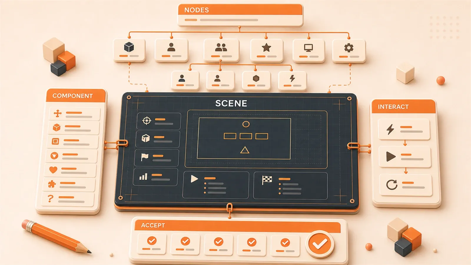 Easton editorial illustration: central game-scene specification blueprint