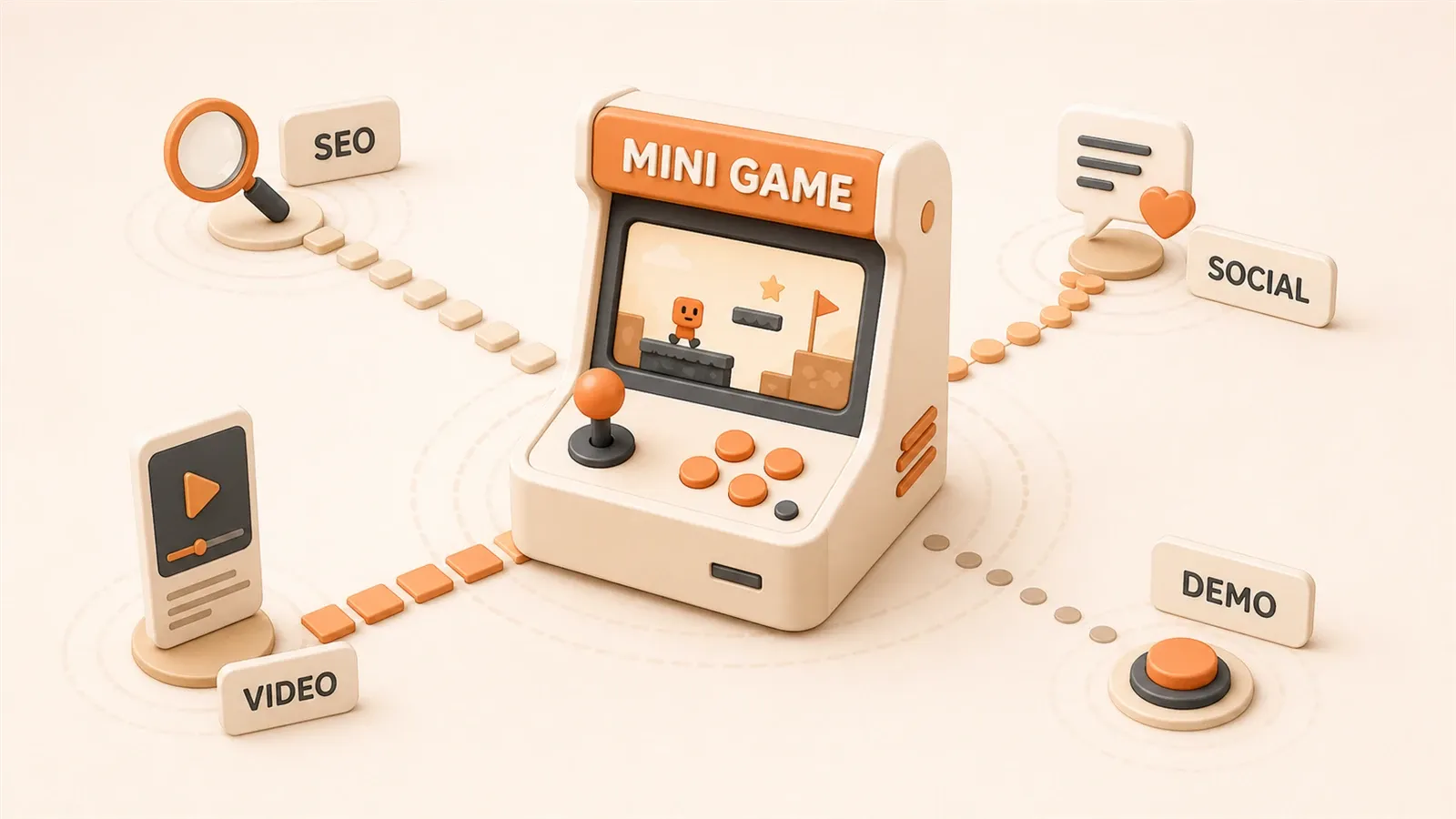 Easton editorial illustration: mini-game cabinet projecting four channel routes toward SEO, social post, short video, and playable demo