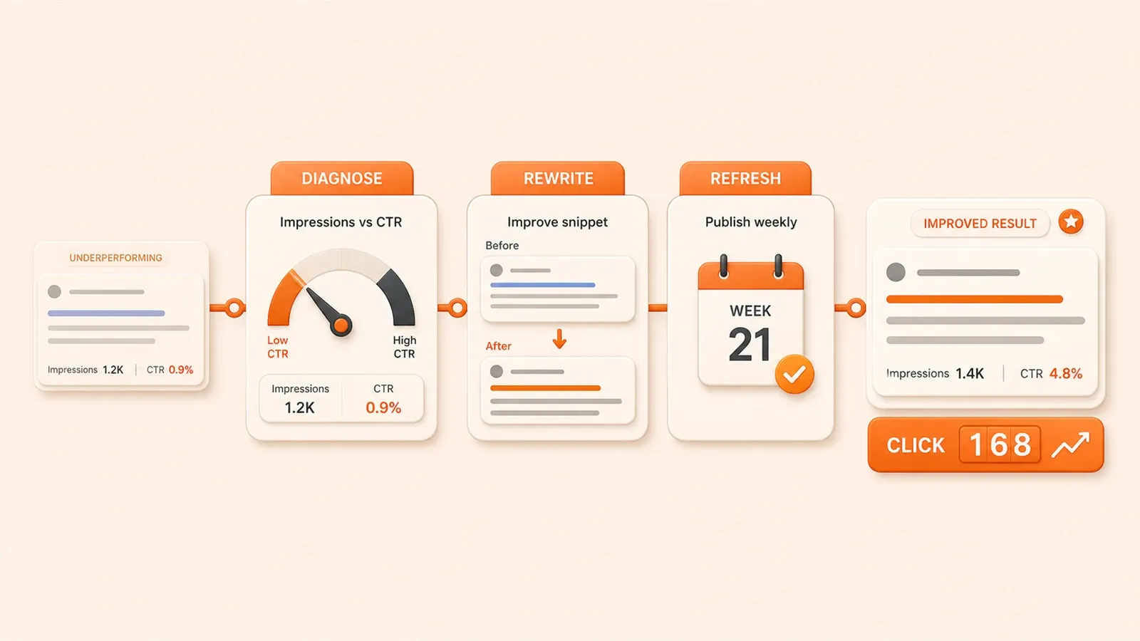 Easton editorial illustration: underperforming search-result card, diagnose station, rewrite station, refreshed result card with click counter
