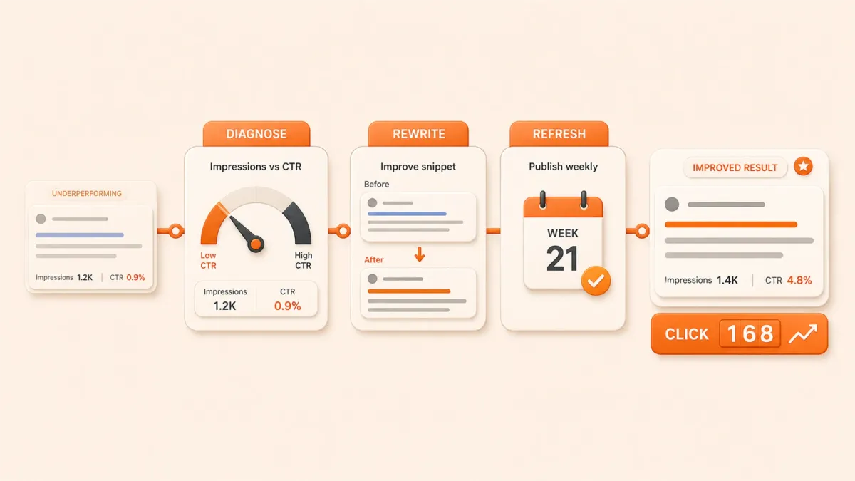 Easton editorial illustration: underperforming search-result card, diagnose station, rewrite station, refreshed result card with click counter