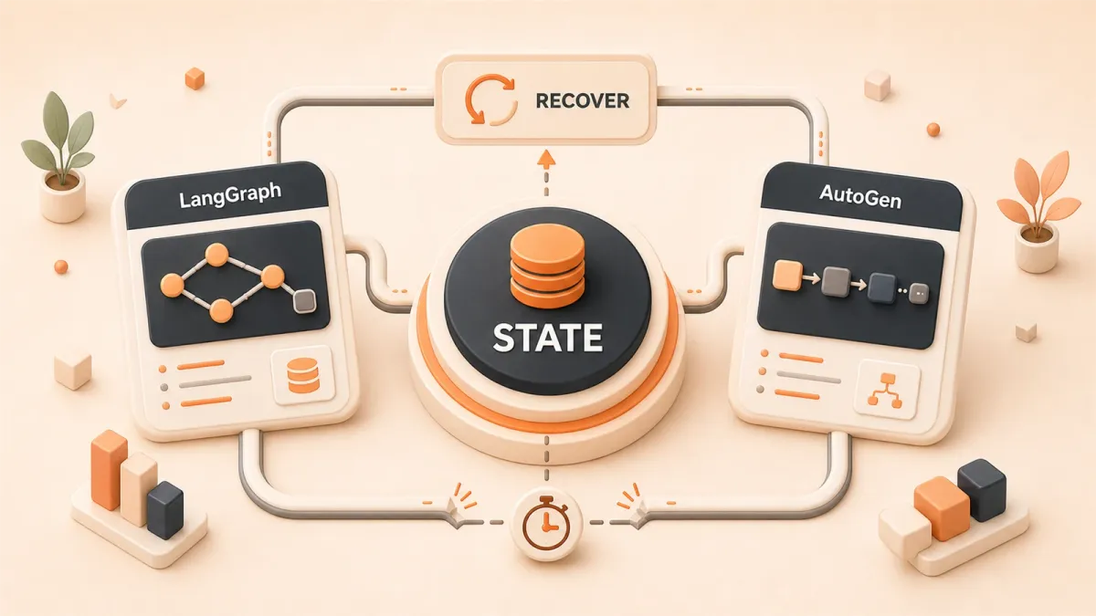Easton editorial illustration: central durable-state core, LangGraph snapshot vault, AutoGen conversation relay, recovery return path