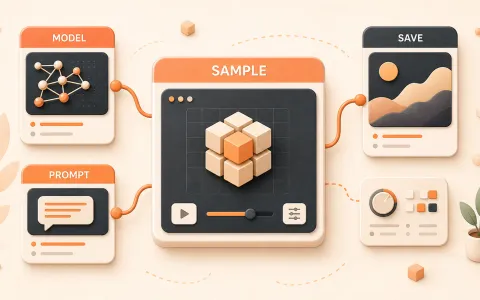 Easton editorial illustration: one large sampler node workbench linked to model, prompt, decode, and save blocks
