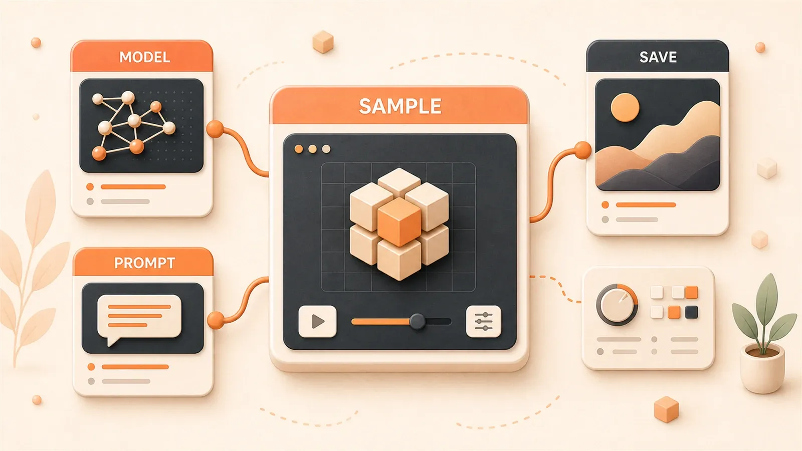 Easton editorial illustration: one large sampler node workbench linked to model, prompt, decode, and save blocks