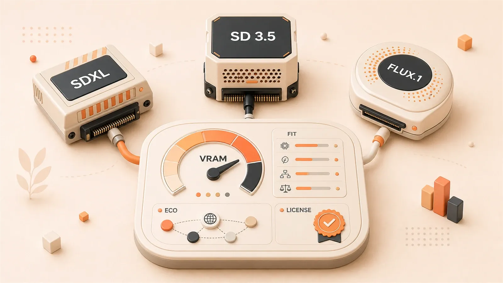 Easton editorial illustration: SDXL model cartridge, SD 3.5 model cartridge, FLUX.1 model cartridge, four-axis selector