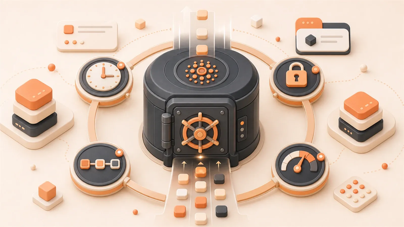 Easton editorial illustration: company-brain vault with freshness clock, permission lock, decision chain, retrieval, and correction gauges