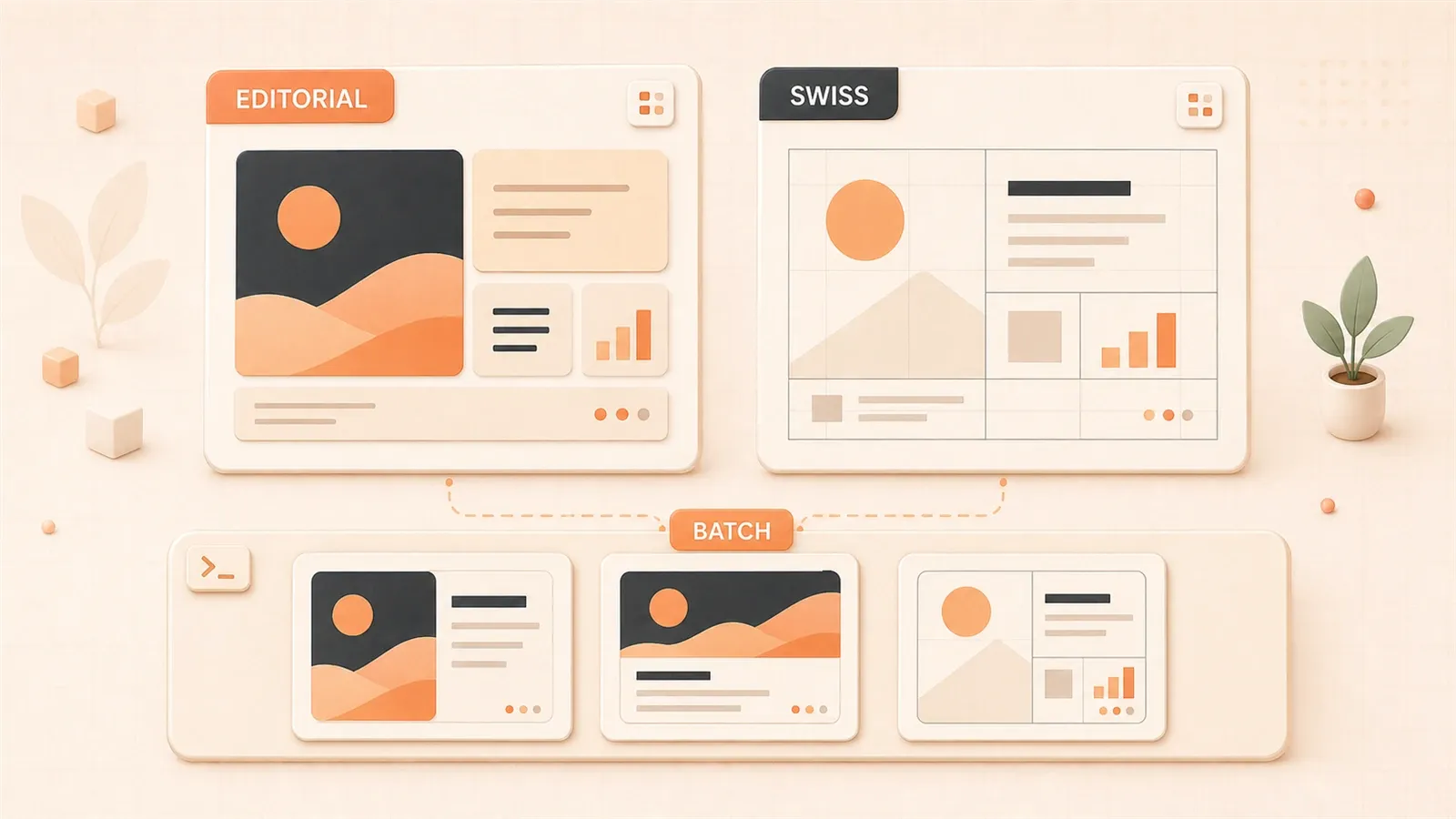 Easton editorial illustration: editorial social-card canvas, Swiss-grid social-card canvas, batch-render output rail