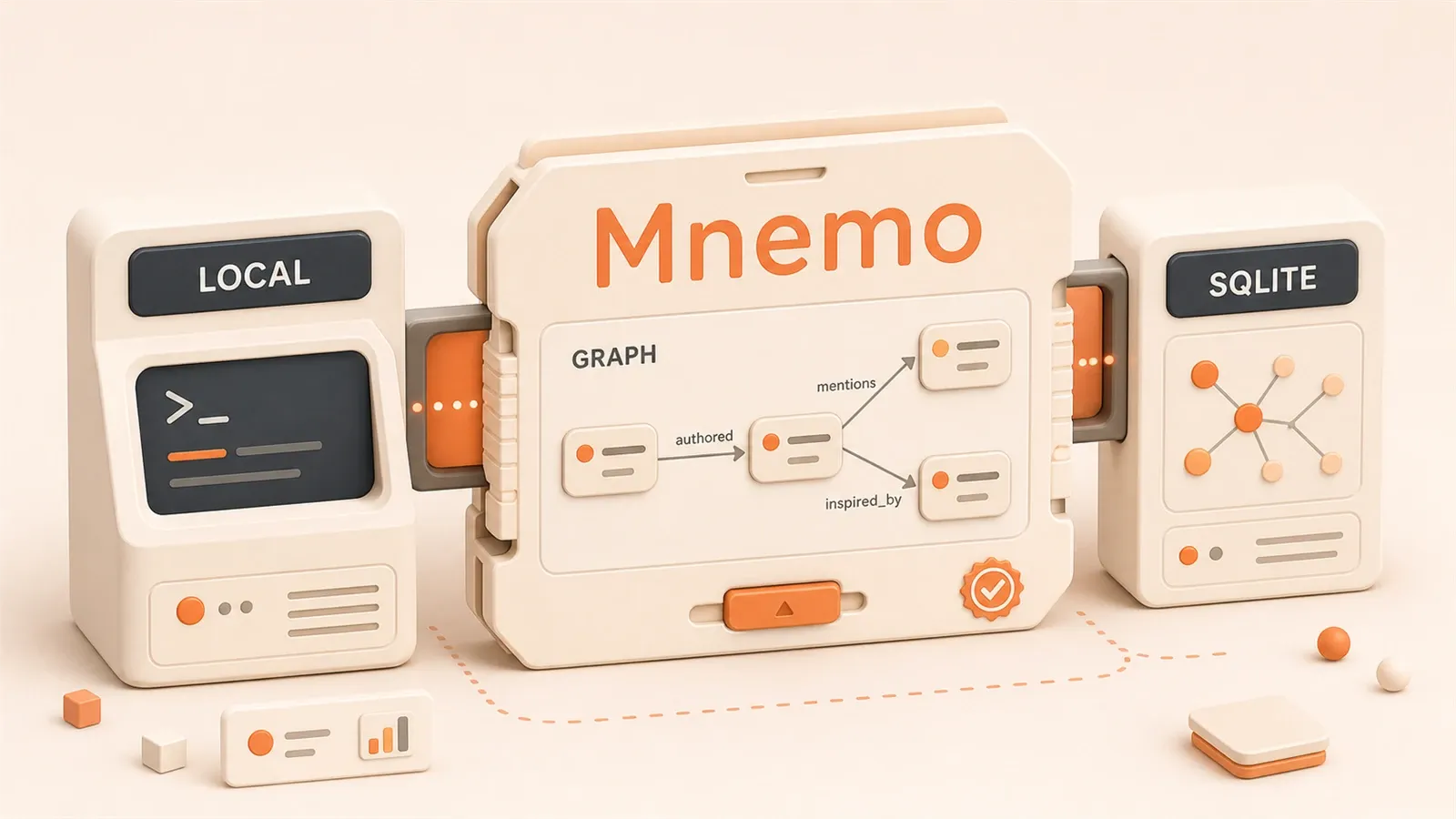 Easton editorial illustration: portable local memory cartridge, local model terminal dock, SQLite graph index