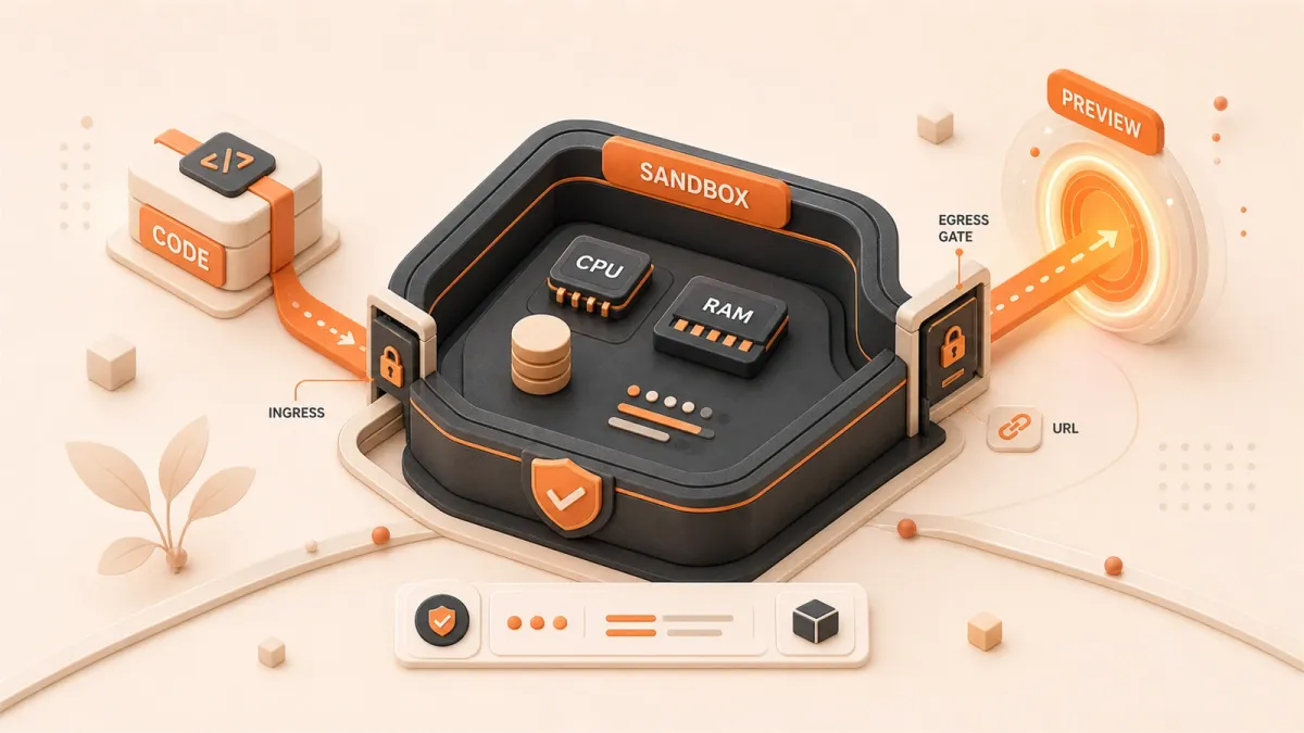 Easton editorial illustration: code bundle entering an isolated Docker sandbox and exiting through a guarded preview-URL portal