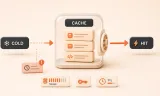 Easton editorial illustration: central cache vault with stacked prompt blocks, cold request entering the vault, warm request reusing the cached blocks, small timestamp block diverted away from the cache