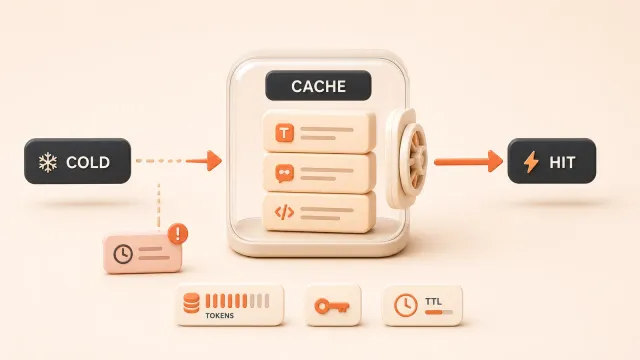 Easton editorial illustration: central cache vault with stacked prompt blocks, cold request entering the vault, warm request reusing the cached blocks, small timestamp block diverted away from the cache