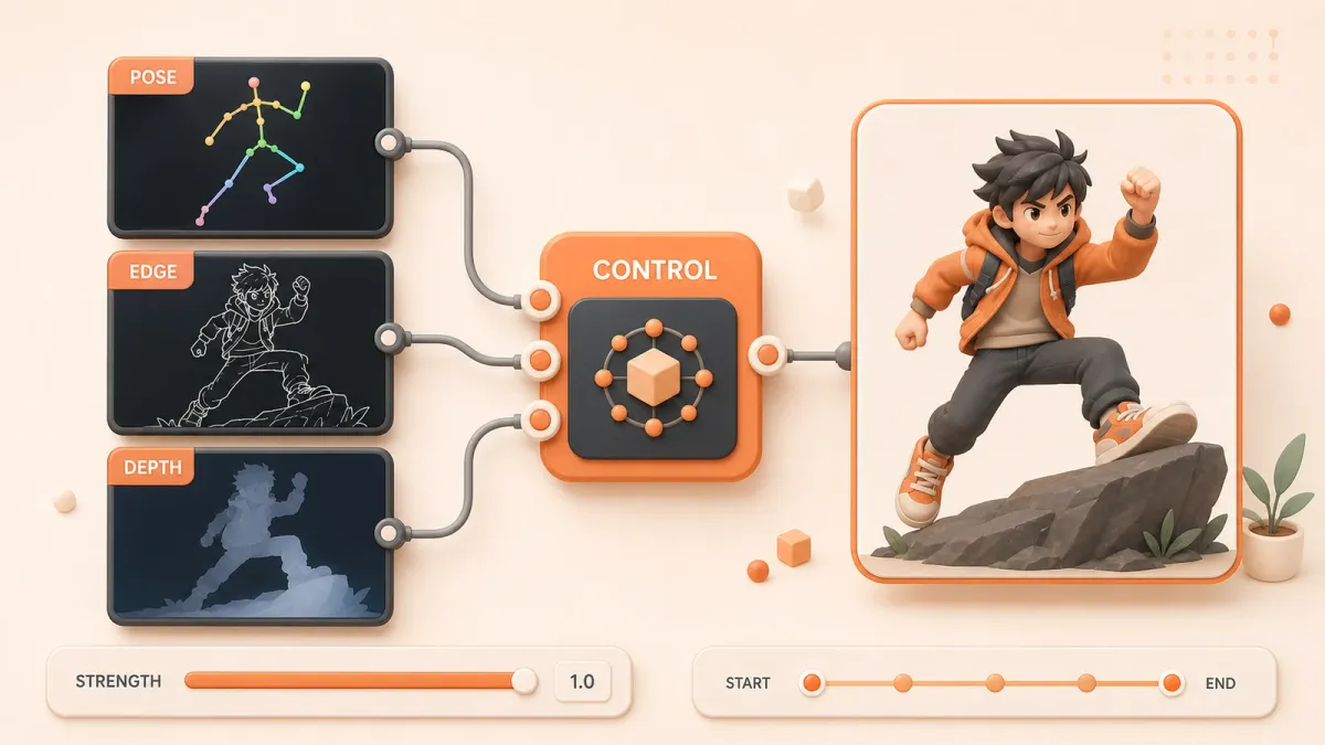Easton editorial illustration: central orange ControlNet node with visible input and output sockets, three compact reference tiles showing a pose skeleton, Canny edges, and depth contours, one framed output portrait whose pose and composition match the reference tiles